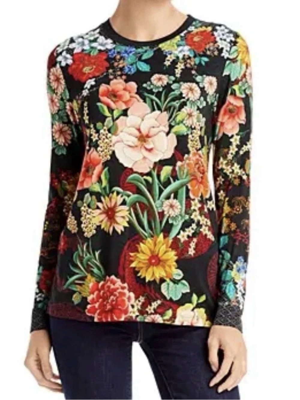 Johnny Was Babushka Favorite LS Crew Neck Tee L Black Floral Bamboo T11921-Q NEW